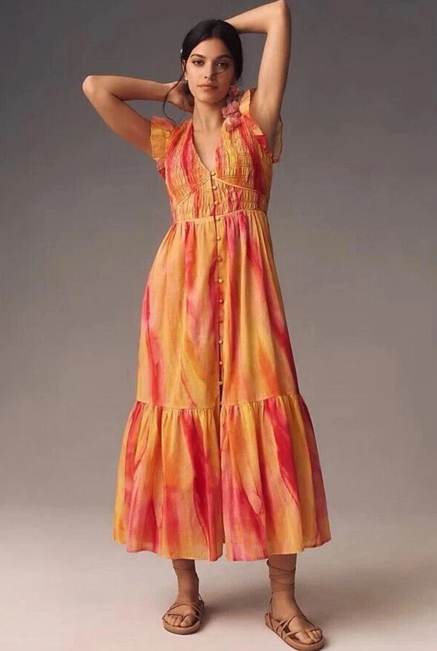 Anthropologie Midi Dress Large TieDye Smocked Ruffled The Peregrine Dress
